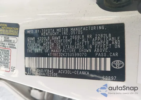 2005 Toyota Camry Le from USA, damaged, VIN 4T1BE32K25U599070